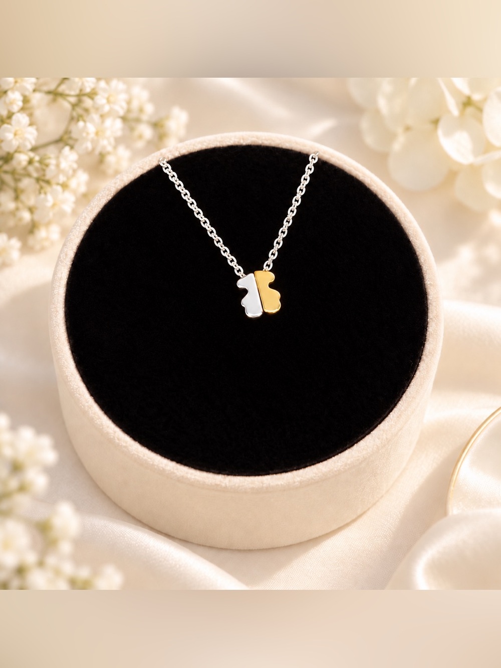 1950 tiny 0.8CM Two-Tone sterling Silver 925 and Gold Teddy Pendant Necklace 18”